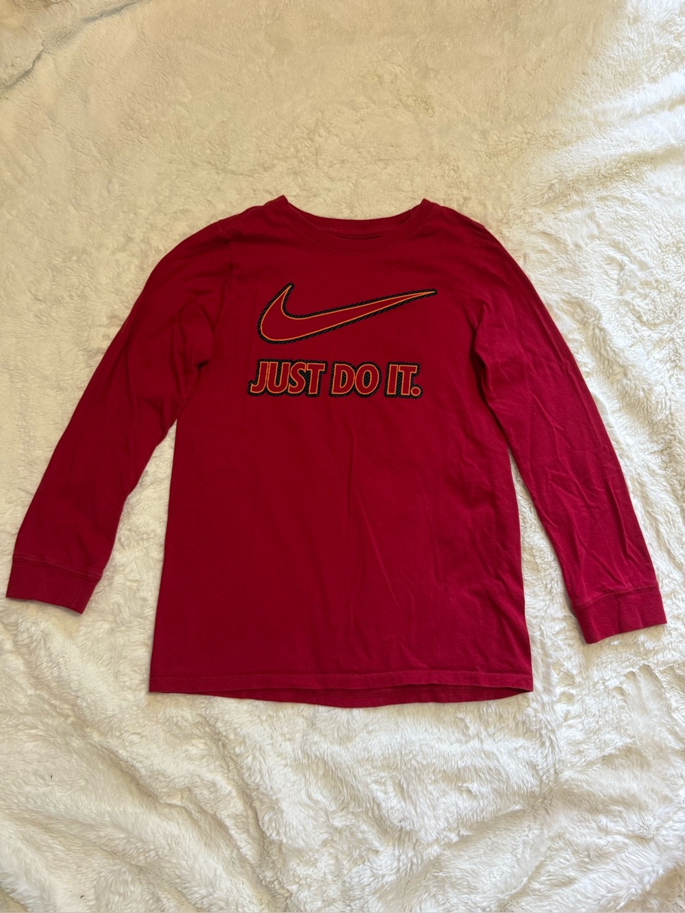 Nike Kids Long Sleeve 'Just Do It' Tee in Red with Black/Gold Logo